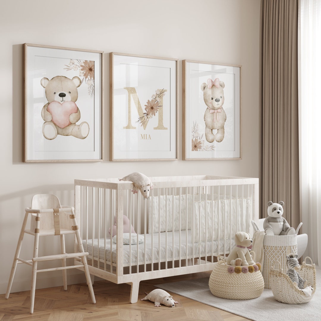 Set of 3 Boho Teddy Bear Love Prints for Baby Girl Nursery Kids Room ...