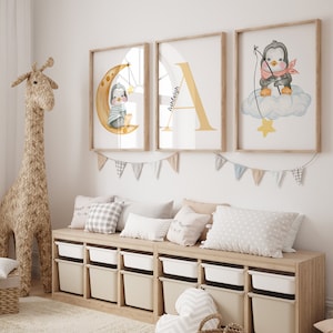 3er-Set - Süßer Pinguin für das Kinderzimmer oder Kinderzimmer, personalisiert mit dem Namen des Kindes, digital, druckbar und gedruckt