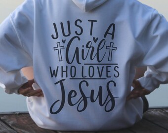 Moletom com zíper Just A Girl Who Loves Jesus, moletom cristão, moletom Jesus, roupa cristã, moletom com estampa traseira, presente para cristãos