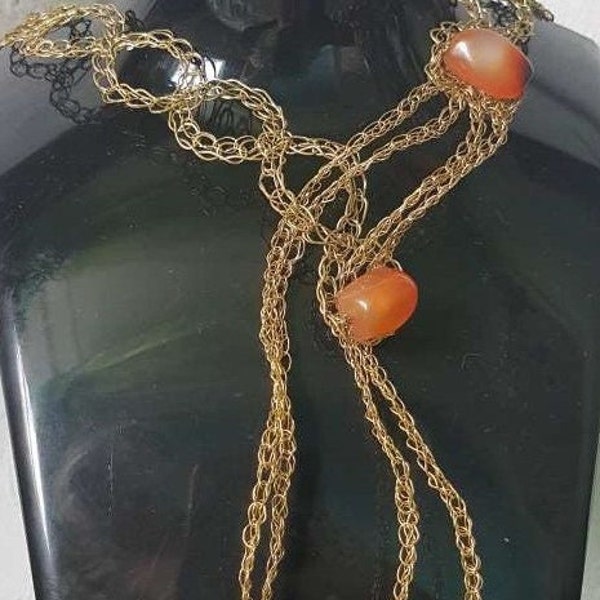 Halskette 'Aurora', Karneol und Messingdraht, extravagant, Wire Crochet Jewelry
