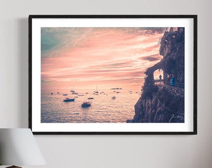 Pink sunset over Positano - Amalfi Cost, ltaly • Mediterranean Sea  • Photos from Italy • Gift idea for Home and Office decoration