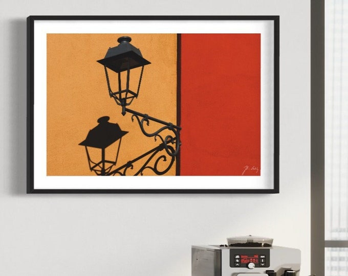 Old fashioned lamp on a colorful wall • Minimalism Wall art  • Warm colors photo • Gift idea for Home and Office decoration