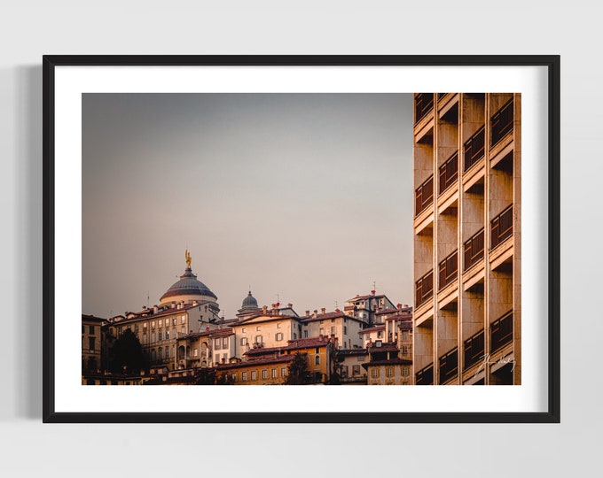 Photo of antique Bergamo Alta, Italy versus a modern building • Perfect gift for those who love Italy • Office and home decoration