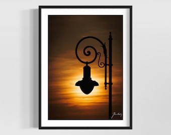 Old fashioned lamp in sunset • Warm sunset photo wall art  • Gift idea for Home and Office decoration