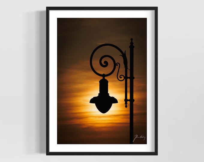 Old fashioned lamp in sunset • Warm sunset photo wall art  • Gift idea for Home and Office decoration