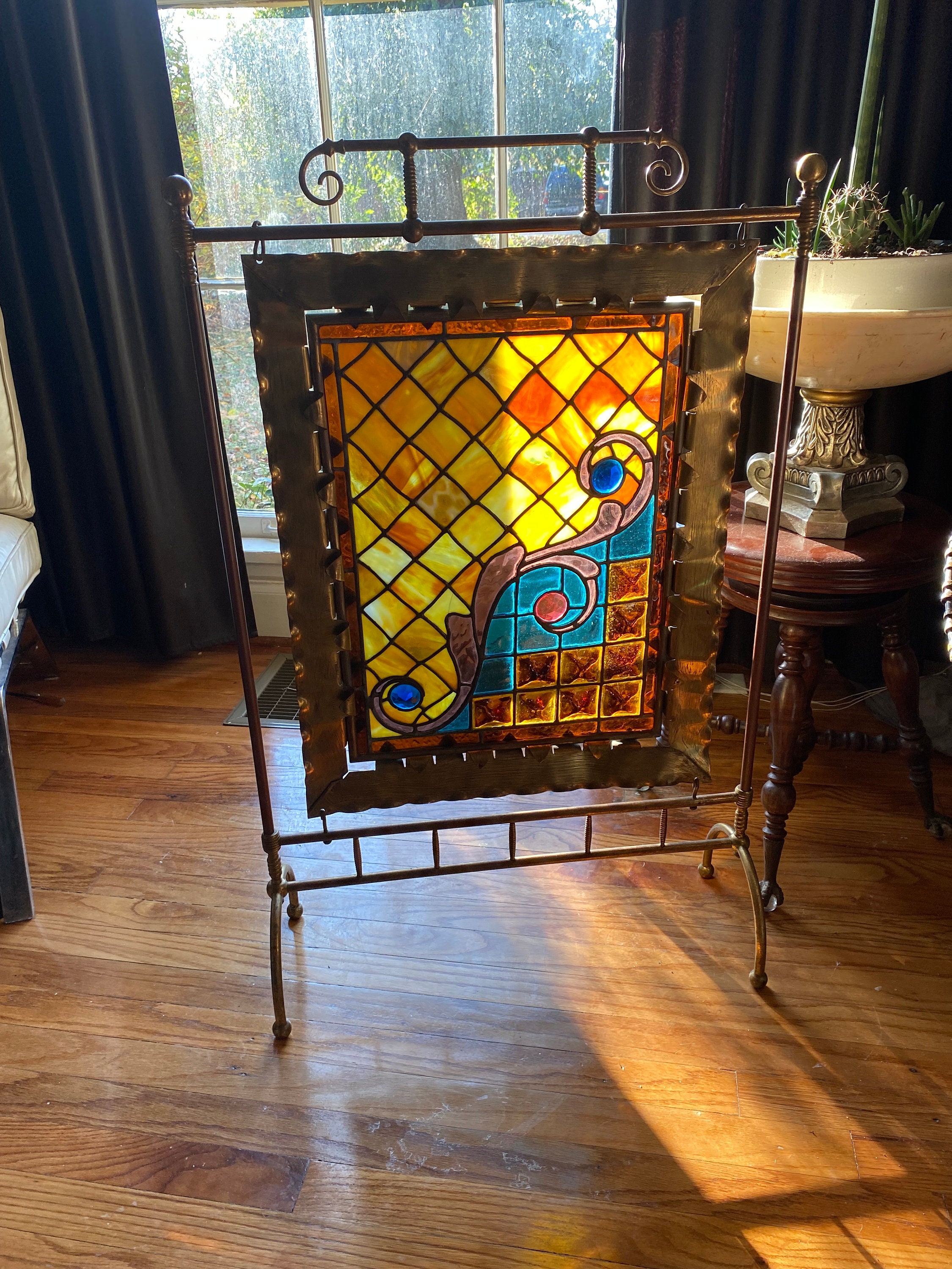 Vintage Antique Brass and Stained Glass Fireplace Screen Etsy