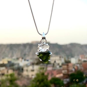 Moldavite herkimer pendant, genuine gemstone pendant, sterling silver handmade pendant, 100% genuine with certified gemstone