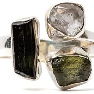 Moldavite, Black Tourmaline, Herkimer Diamond Ring With Certified Czech Republic Natural Gemstone 925 Solid Sterling Silver Handmade Jewelry