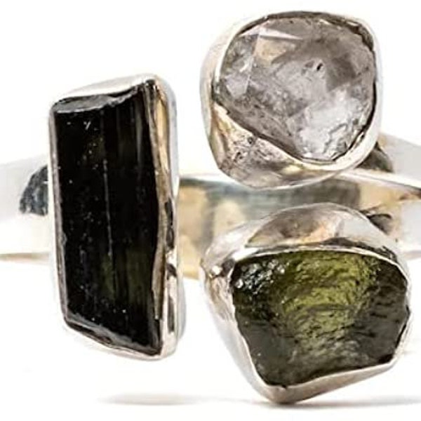 Moldavite, Black Tourmaline, Herkimer Diamond Ring With Certified Czech Republic Natural Gemstone 925 Solid Sterling Silver Handmade Jewelry