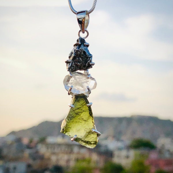 Moldavite, herkimer and Meteorite Campo Del Cielo pendant, genuine gemstone pendant, sterling silver handmade pendant, 100% genuine gemstone