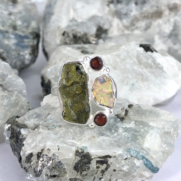 Czech Moldavite , Ethiopian opal Raw Natural Gemstone With Natural Garnet 925 Solid Sterling Silver Handmade Adjustable Ring