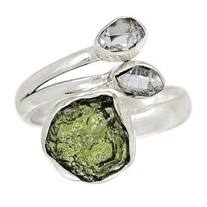 Authentic Czech Republic Moldavite Rough and Herkimer Diamond  Gemstone 925 Solid Sterling Silver Handmade Ring Jewelry