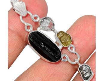 Genuine Moldavite Rough Herkimer Diamond Black Tourmaline Pendant Natural Gemstone From Czech Republic 925 Sterling Silver Handmade Jewelry