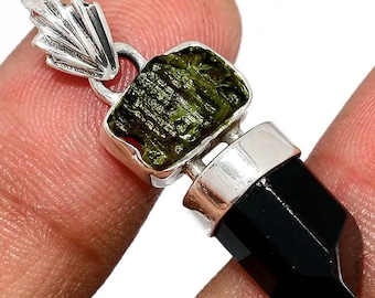 Genuine Moldavite Rough & Black Tourmaline Pendant 100% Natural Certified Gemstone From Czech Republic 925 Sterling Silver Handmade Jewelry