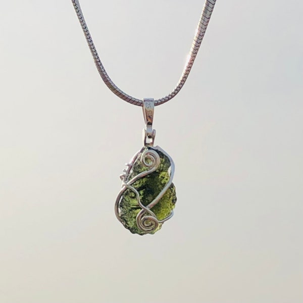 Genuine Moldavite Rough Pendant 100% Natural With Certified Gemstone From Czech Republic 925 Sterling Silver Handmade Designer Jewelry