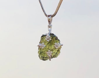 Genuine Moldavite Rough Pendant 100% Natural With Certified Gemstone From Czech Republic 925 Sterling Silver Handmade Designer Jewelry