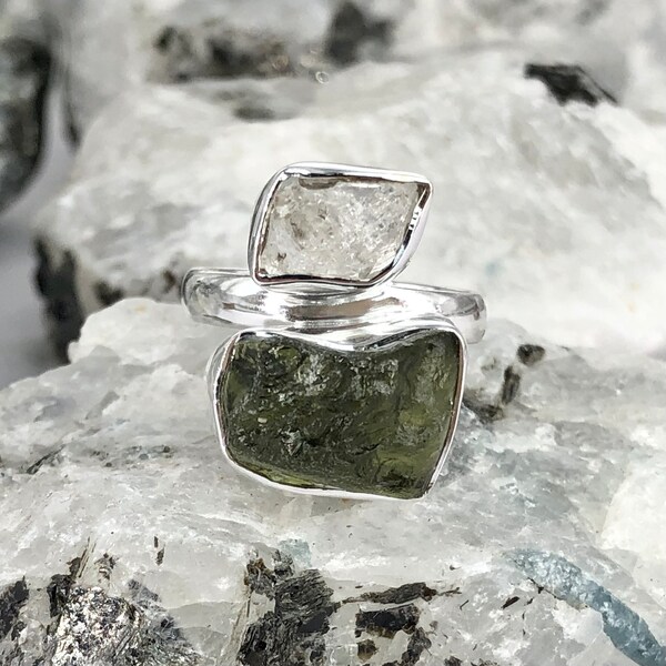 Authentic Czech Republic Moldavite Rough and Herkimer Diamond  Gemstone 925 Solid Sterling Silver Handmade Ring Jewelry