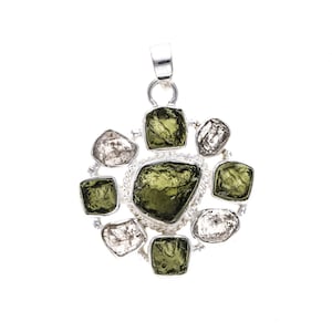 Czech Moldavite, Herkimer Diamond Natural Gemstone 925 Solid Sterling Silver Handmade Jewelry Pendant