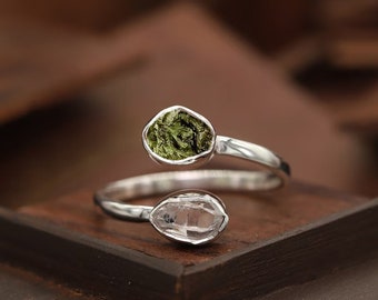 Authentic Czech Republic Moldavite Rough and Herkimer Diamond  Gemstone 925 Solid Sterling Silver Handmade Ring Jewelry