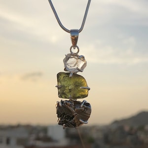 Moldavite, herkimer and Meteorite Campo Del Cielo pendant, genuine gemstone pendant, sterling silver handmade pendant, 100% genuine gemstone