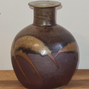 May include: A ceramic vase with a rounded body and a narrow neck. The vase is predominantly dark brown, with lighter brown and tan accents. The design incorporates flowing, organic shapes, adding a touch of rustic elegance. The vase is approximately 20 cm tall.