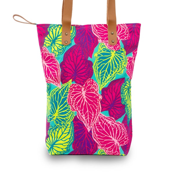 Tragetasche mit Blättern, Shopper in Neon Farben türkis & pink, Tote Bag mit Lederriemen, Tasche mit Siebdruck, Reissverschluss, Baumwolle