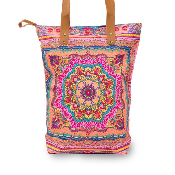 Neon Boho Tragetasche mit Ornament, Shopper in Neon, Tote Bag mit Lederriemen, Tasche mit Siebdruck und Reissverschluss, Baumwolle