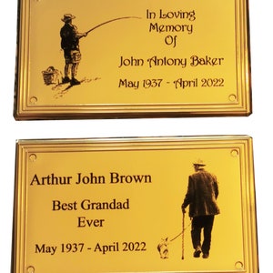 Engraved plaque, funeral plate, coffin plate, memorial plaque, photo engraving. Gold coated plastic.