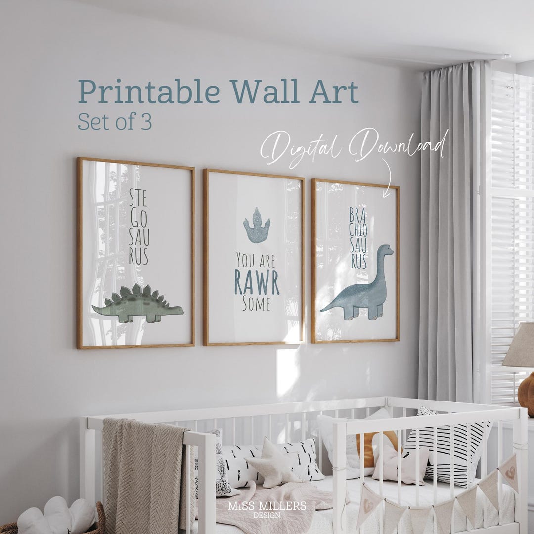 Dinosaur Nursery Wall Art Set of 3 – Cute Dino Prints Boho Minimalist ...
