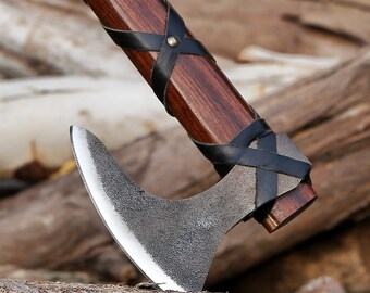 Hacha vikinga de acero al carbono con mango envuelto en cuero de madera rosa pura, hacha forjada Ragnar Viking, el mejor regalo para él