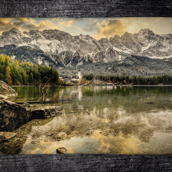 Fotoleinwand Eibsee, hochwertige Fotoprints als Wanddeko, Naturaufnahme Bayrische Alpen, Zugspitze als Wandbild