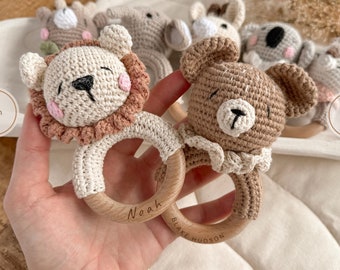 Animal Crochet Rattle Personalized,Baby Shower Gift,Custom Wooden Rattle Ring with Engraved Baby Name,Newborn Gift for Easter Basket