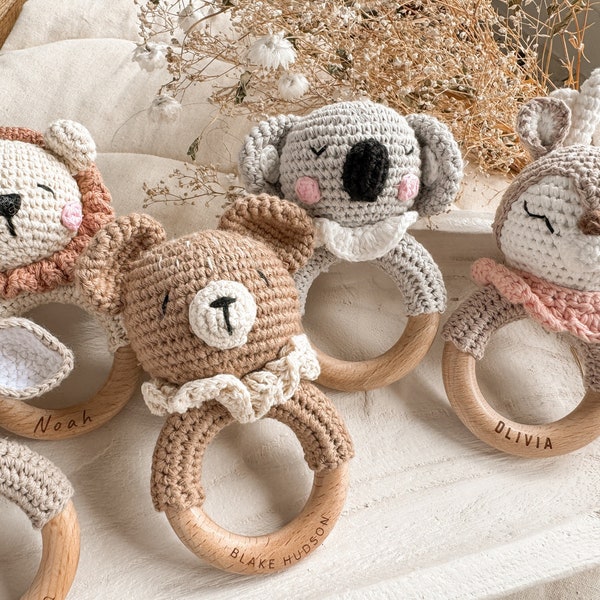 Personalized Animal Crochet Rattle,Baby Shower Gift,Custom Wooden Rattle Ring with Engraved Baby Name,Newborn Gift for Easter Basket