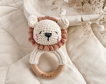 Animal Crochet Rattle Personalized,Baby Shower Gift,Custom Wooden Rattle Ring with Engraved Baby Name,Newborn Gift for Easter Basket
