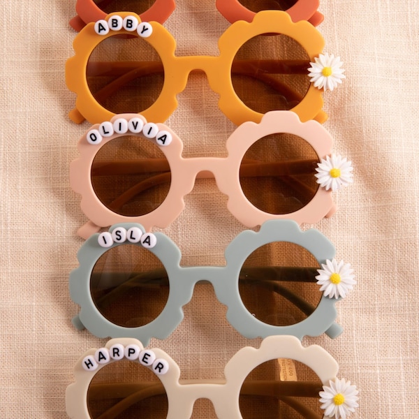 Floral Daisy Girls Personalized Name Sunglasses|Groovy Boho Hippie UV Protection Shades|Toddlers Kids Baby Birthday Gift With Leather Case
