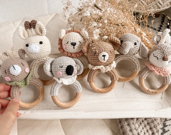 Animal Crochet Rattle Personalized,Baby Shower Gift,Custom Wooden Rattle Ring with Engraved Baby Name,Newborn Gift for Easter Basket