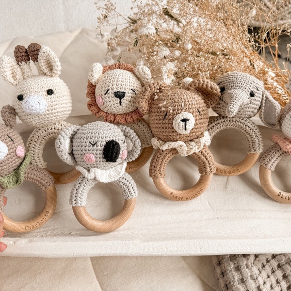 Animal Crochet Rattle Personalized,Baby Shower Gift,Custom Wooden Rattle Ring with Engraved Baby Name,Newborn Gift for Easter Basket