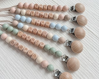 Personalized Pacifier Clip, Wooden Name Beads, Baby Shower Gift