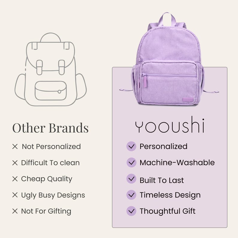 K&ouml;nnte beinhalten: Ein helllila Cord-Rucksack mit mehreren Taschen und einem oberen Griff. Der Rucksack tr&auml;gt den Markennamen "YOOUSHI" und ist personalisiert, maschinenwaschbar und langlebig.