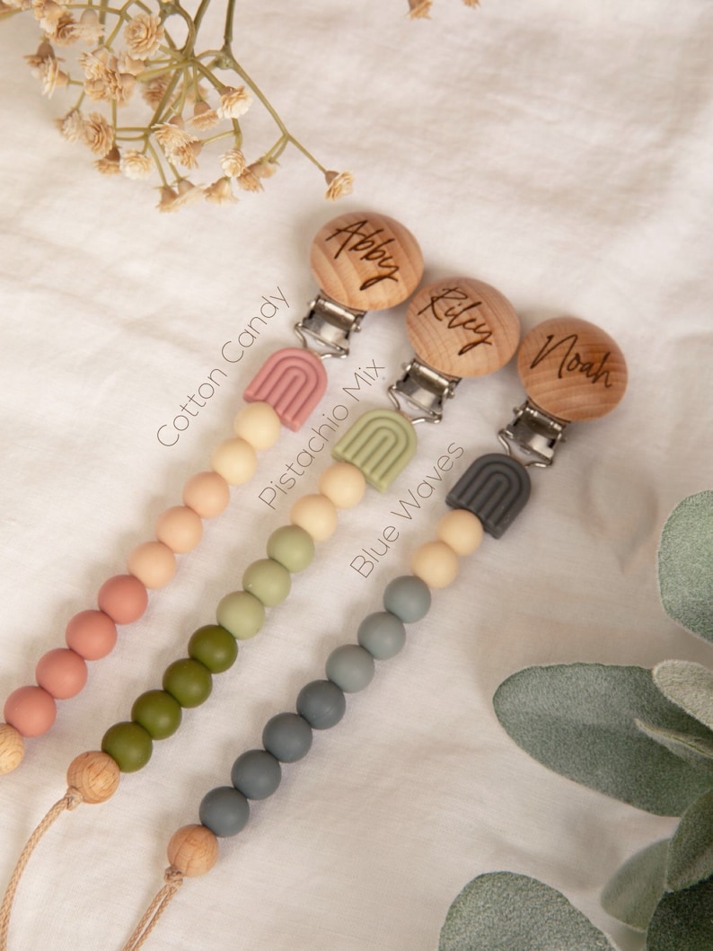 Personalized Rainbow Pacifier Clip,Custom Newborn soother ChainGender Neutral Baby Shower GiftCustom Dummy HolderEarthy Color Baby Gift image 4