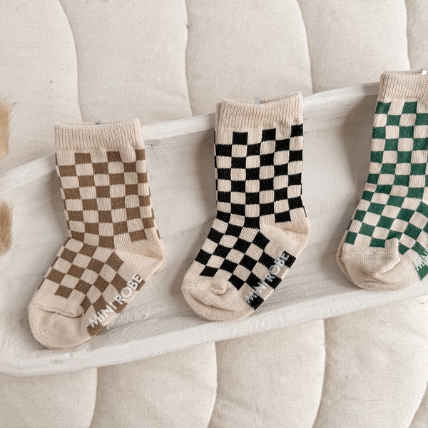 Karierte Socken für Babys|Babyparty Geschenk|Gender Neutral Retro Kindersocken|Sommer Unisex Socken|Baby Accessoires|Baby Jungen Geschenke-PACK OF 3