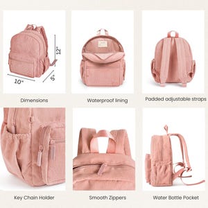 May include: A pink corduroy backpack with a waterproof lining, padded adjustable straps, a key chain holder, smooth zippers, and a water bottle pocket. The backpack measures 10 inches wide, 12 inches tall, and 5 inches deep.