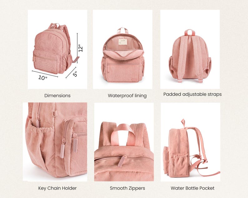 May include: A pink corduroy backpack with a waterproof lining, padded adjustable straps, a key chain holder, smooth zippers, and a water bottle pocket. The backpack measures 10 inches wide, 12 inches tall, and 5 inches deep.