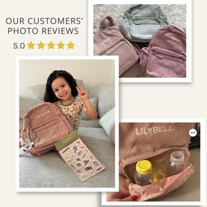 May include: A pink corduroy backpack with the name "Lia Olivia" embroidered on the front. The backpack is sitting on a couch next to a child and a sheet of stickers. The stickers feature various designs, including animals, plants, and geometric shapes.