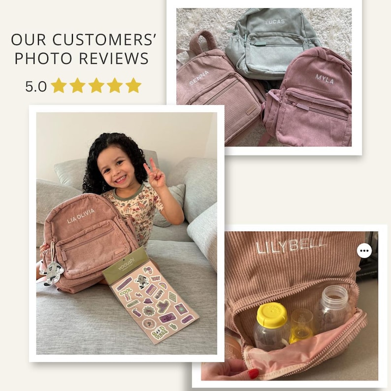 May include: A pink corduroy backpack with the name "Lia Olivia" embroidered on the front. The backpack is sitting on a couch next to a child and a sheet of stickers. The stickers feature various designs, including animals, plants, and geometric shapes.