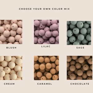 May include: A selection of round beads in various colors, including blush, lilac, sage, cream, caramel, and chocolate. The image features the text "CHOOSE YOUR OWN COLOR MIX" at the top, with each color option displayed in a square. These beads are likely for crafting or jewelry making.