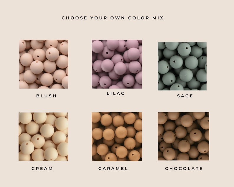 May include: A selection of round beads in various colors, including blush, lilac, sage, cream, caramel, and chocolate. The image features the text "CHOOSE YOUR OWN COLOR MIX" at the top, with each color option displayed in a square. These beads are likely for crafting or jewelry making.