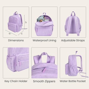 K&ouml;nnte beinhalten: Lavendelfarbener Cord-Rucksack mit den Ma&szlig;en 25,4 cm x 12,7 cm x 30,5 cm. Zu den Merkmalen geh&ouml;ren ein wasserdichtes Futter, verstellbare Tr&auml;ger, ein Schl&uuml;sselanh&auml;nger, glatte Rei&szlig;verschl&uuml;sse und eine Wasserflaschentasche. Die Tasche wird aus verschiedenen Blickwinkeln gezeigt.