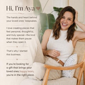 May include: A smiling woman in a white top and beige pants sits in a wooden chair. Text on the left reads "Hi, I'm Aya" and describes creating personal gifts. The image conveys a welcoming and friendly atmosphere.