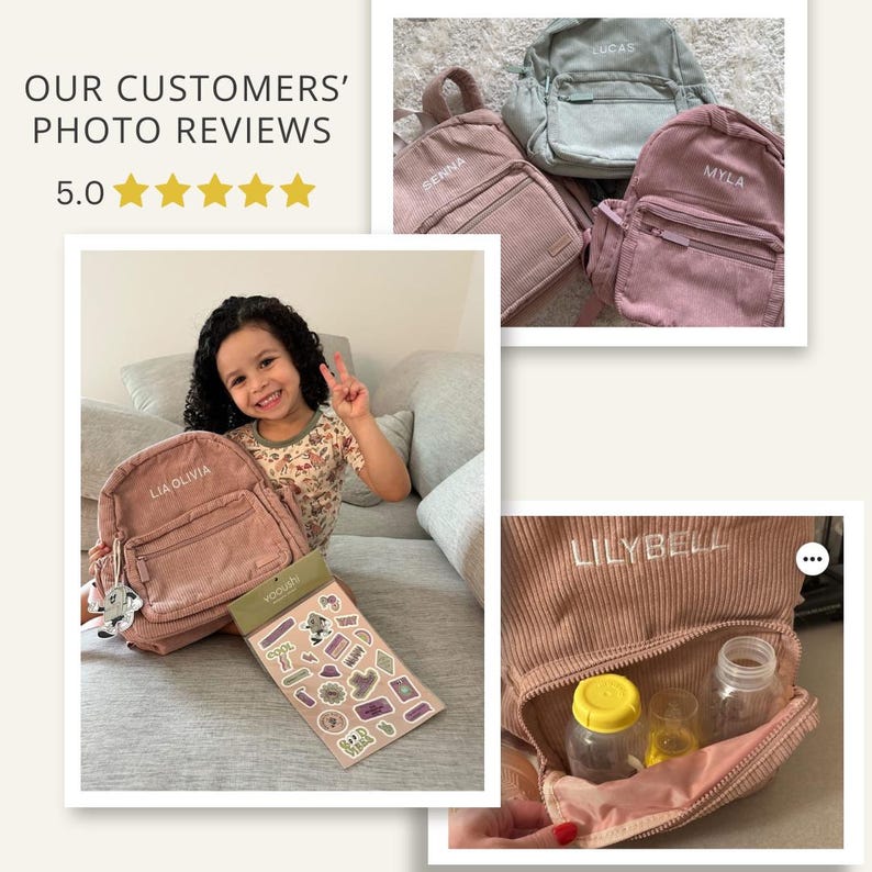 K&ouml;nnte beinhalten: Rosa Cord-Rucksack mit gestickten Namen, darunter "Lia Olivia", "Serra", "Lucas" und "Myla". Das Bild zeigt auch einen Aufkleberbogen mit verschiedenen Designs. Die Rucks&auml;cke haben ein klassisches Design.
